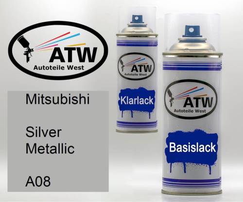 Mitsubishi, Silver Metallic, A08: 400ml Sprühdose + 400ml Klarlack - Set, von ATW Autoteile West.